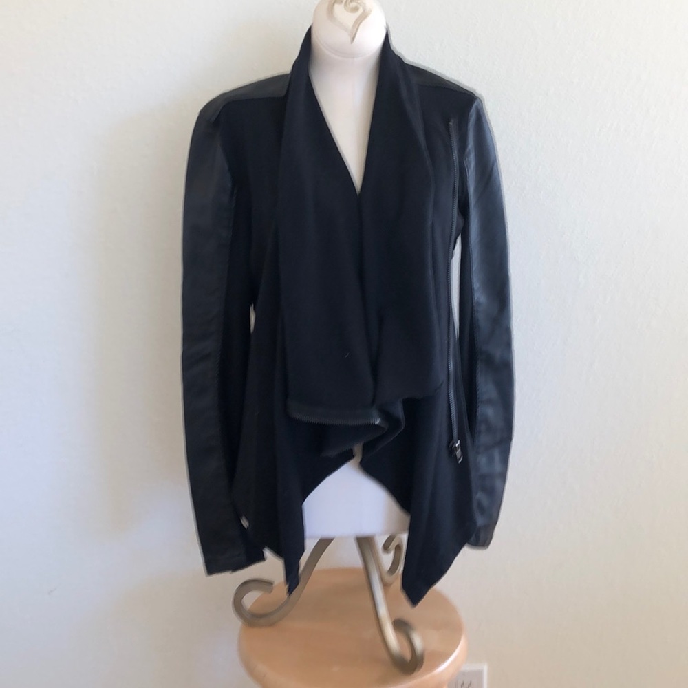 Black vegan leather and jersey moto jacket